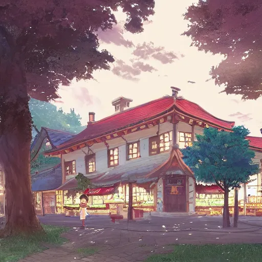 Image similar to concept art painting of a historic bakery with european and japanese architecture, in a woodland village surrounded by trees, inspired by kiki's delivery service, realistic, detailed, cel shaded, in the style of makoto shinkai and greg rutkowski and james gurney