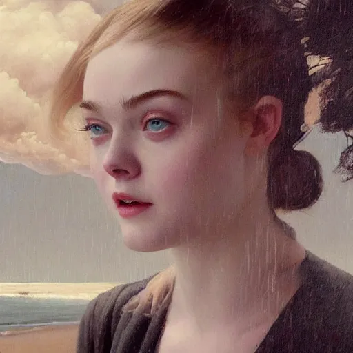 Image similar to Elle Fanning in a black robe holding a skull on the beach, head and shoulders portrait, stormy weather, extremely detailed masterpiece, Roger Deakin’s cinematography, oil on canvas, Norman Rockwell,