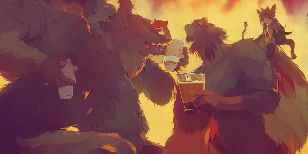 Prompt: a two muscular german shepherds beast - men, holding a mug of beer, a lot of pockets, fur cape, tavern background, magical, bright, colorful, fantastic lighting, amazing details, 4 k uhd, illustration by hayao miyazaki and makoto shinkai and ilya kuvshinov, artstation, pixiv,