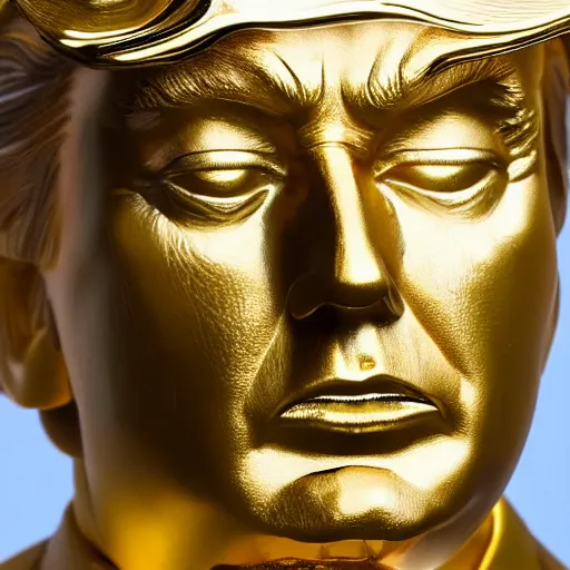 Prompt: donald trump golden statue starting to melt, drips of molten metal ground angle, uhd 8 k, sharp focus