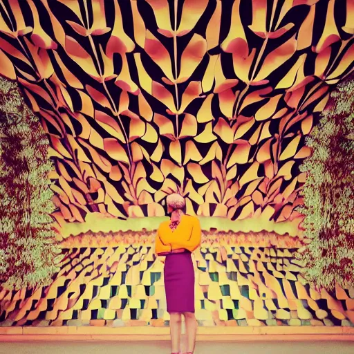 Image similar to giant flower head, frontal, woman standing in mid century building, surreal, symmetry, bright, tone in tone, cinematic, wes anderson