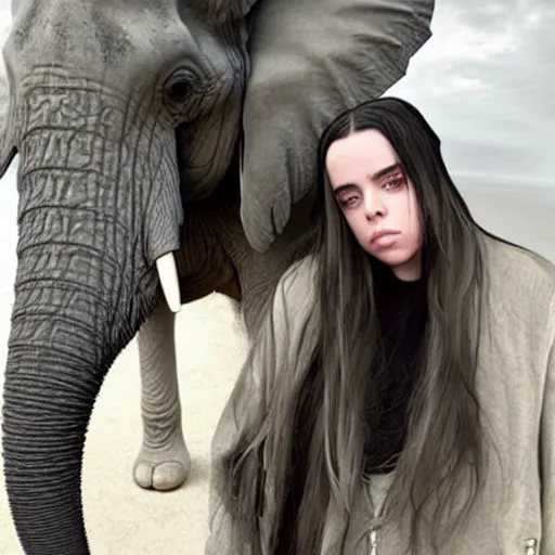 Image similar to billie eilish with elephant's trunk in her face