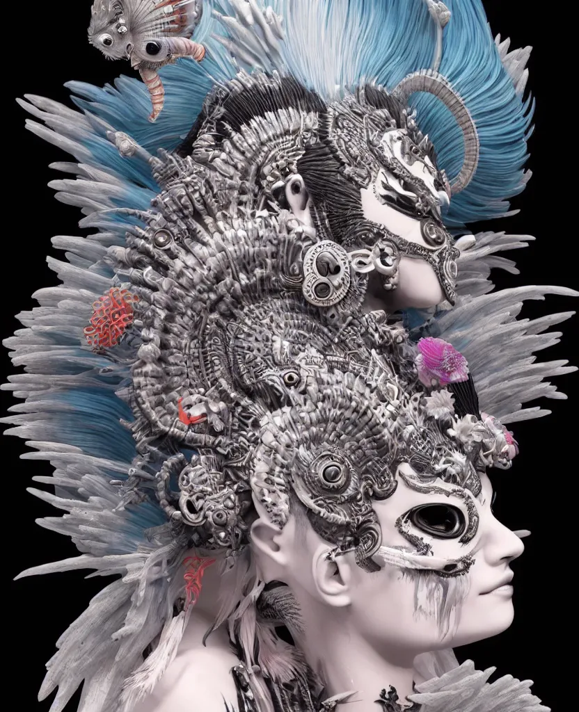 Image similar to 3 d goddess close - up profile portrait punk with mohawk with ram skull. beautiful intricately detailed japanese crow kitsune mask and clasical japanese kimono. betta fish, jellyfish phoenix, bio luminescent, plasma, ice, water, wind, creature, artwork by tooth wu and wlop and beeple and greg rutkowski