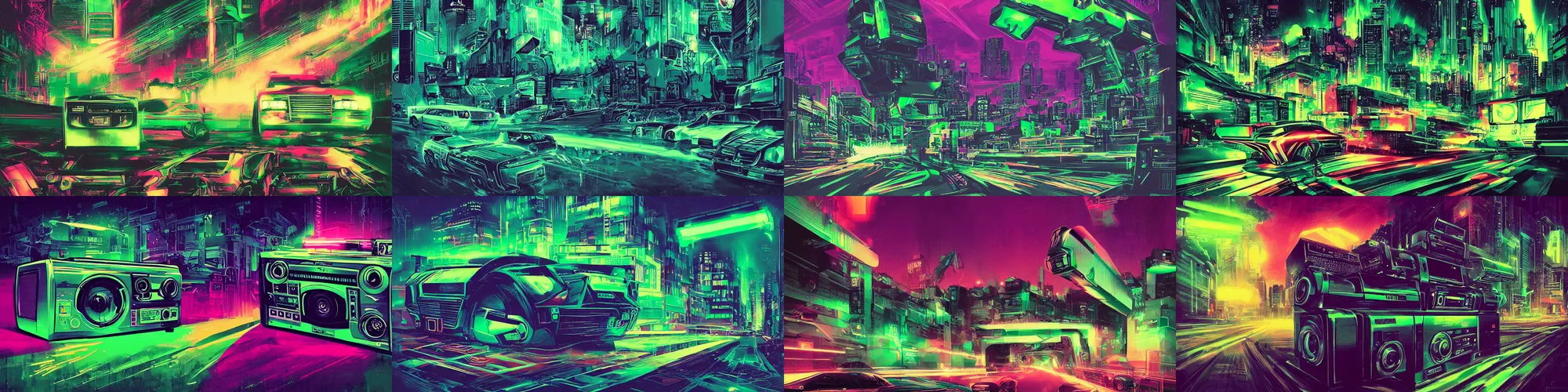 Prompt: ghetto blaster, neonwave, futuristic, agressive, speed, warm and dark green, dark, night lights, massive, huge, urban street, ultra detailed, iconic, epic cover, chroma color, art by mirko reisser