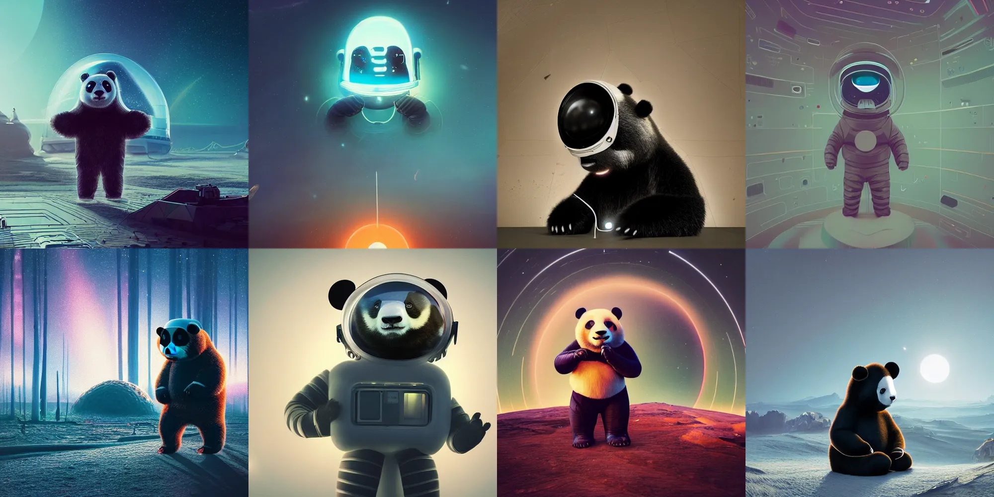 Prompt: beautiful dark landscape, panda bear wearing a space helmet standing looking at a giant cyborg robot panda bear head, in the style of beeple and Mike Winkelmann, photo real, ultra realistic, intricate, epic lighting, 8k resolution,