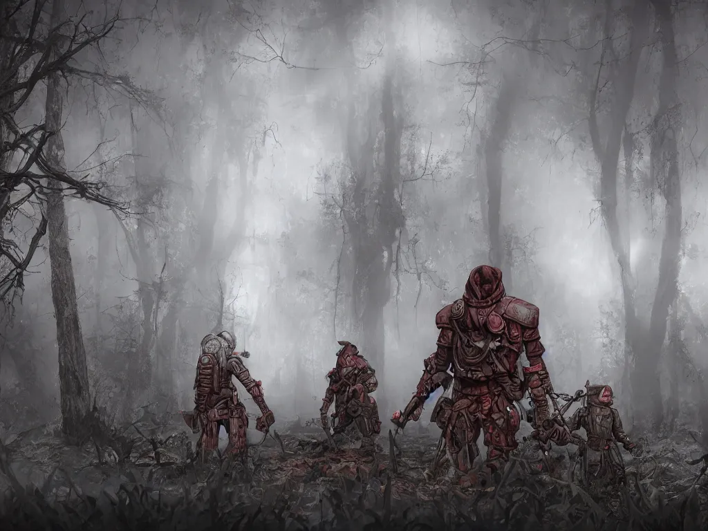 Prompt: Between mystical misty swamps A renaissance style soldiers unit in red hoods with dieselpunk-style exoskeletons, armed with edged weapons, battles werewolves. Style as if Dan Mumford and Steven Belledin make game in Unreal Engine, Realistic diorama of abomination fractal Non-Euclidean geometry, photorealism, colorful, finalRender iridescent fantasy concept art 8k resolution concept art ink drawing volumetric lighting bioluminescence, plasma, neon, brimming with energy, electricity, power, Colorful Sci-Fi Steampunk Biological Living, cel-shaded, depth, particles, lots of reflective surfaces, subsurface scattering