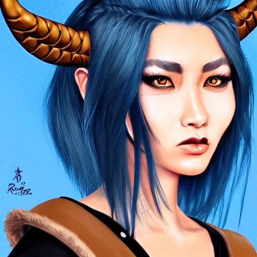 Image similar to illustrated realistic portrait of prong-horned devil woman with blue bob hairstyle and her tan colored skin and with solid black eyes wearing leather by rossdraws