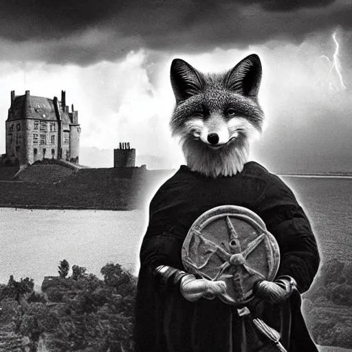 Prompt: anthropomorphic fox!! who is a medieval knight holding a swo - rd towar - ds a stormy thundercloud [ 1 9 3 0 s film still ], ( castle in the background )