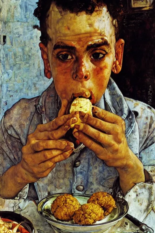 Image similar to portrait of an israeli man eating a falafel in tel aviv, norman rockwell, egon schiele