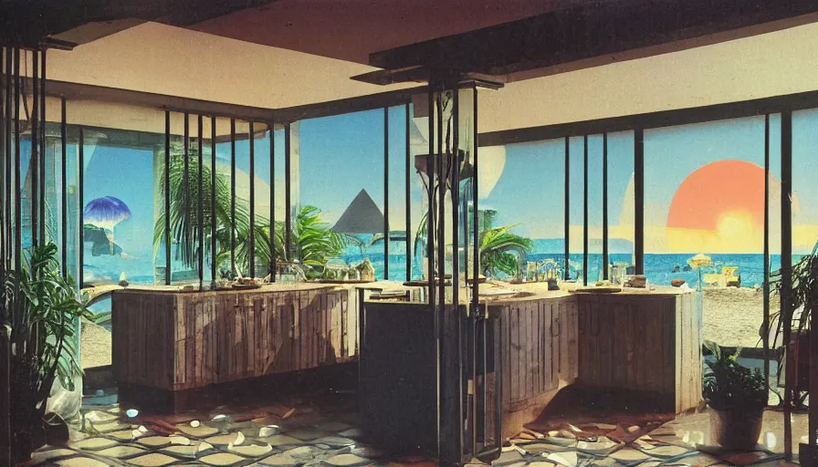 Prompt: A 1985 magazine architecture photo of a kitchen, mediterranean balustrade and columns, refracted lines and sparkles, thunderstorm outside, beach and Tropical vegetation on the background major arcana sky and occult symbols, kitchen by paul delaroche, hyperrealistic 8k uhd, award-winning, 1985