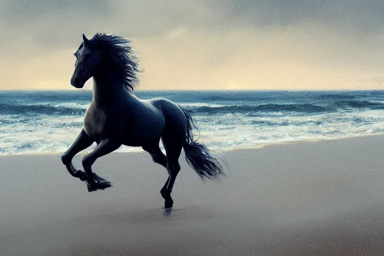 Image similar to a horse running on the beach by greg rutkowski, golden ratio