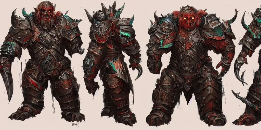 Image similar to different views of scary orcs in armour, colourful intricate!! concept art by senior character artist, trending on artstation, full body character design