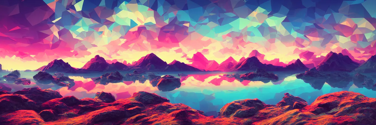 Prompt: super detailed color art, a sinthwave northern sunset with rocks on front, lake in the middle of perspective and mountains at background, unreal engine, retrowave color palette, 3d render, lowpoly, colorful, digital art