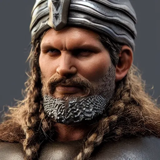 Image similar to of a 3d clay model of a viking from valhalla, wearing the horned helmet ultra fine detail, hair strands, ultra high resolution, fine texture detail, miniature painting techniques, perfect proportions, marvel cinematic universe, eric bana