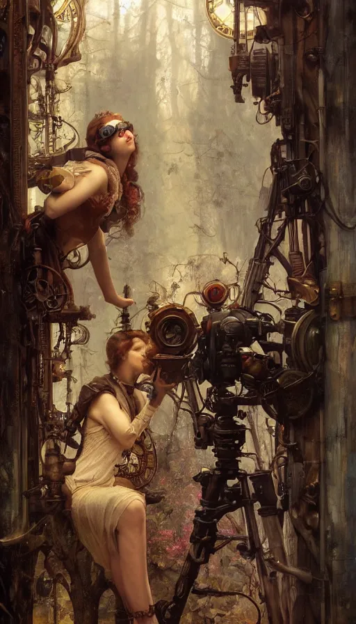 Image similar to hyper realistic photographer looking through camera, magical, steampunk, painted by norman rockwell, tom bagshaw, mucha, gaston bussiere, craig mullins, j. c. leyendecker 8 k