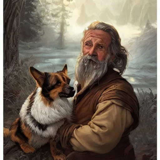 Image similar to portrait of a old, ruggedly handsome bearded man next to a corgi dog, soft hair, muscular, half body, cloth, d & d, fantasy, intricate, elegant, highly detailed, digital painting, artstation, concept art, smooth, sharp focus, illustration, art by artgerm and greg rutkowski and alphonse mucha