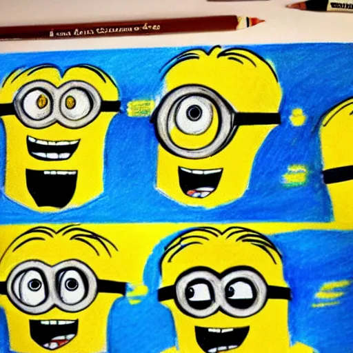 Image similar to a crayon drawing of minions from minions