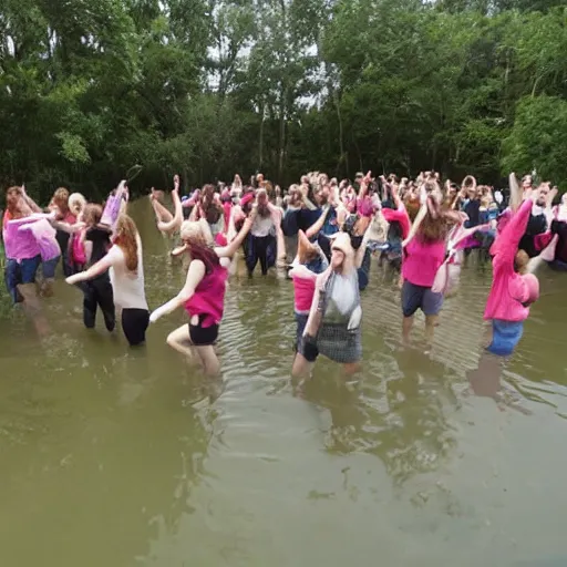 Prompt: a flash mob rising out of swamp water