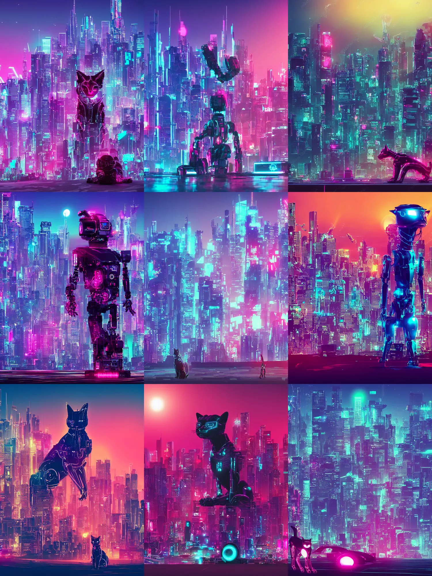 Prompt: Synthwave robot cat in front of a cyberpunk cityscape. 8k resolution.