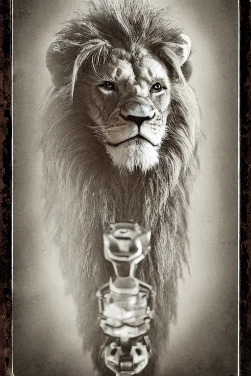 Image similar to lion - o from thundercats, portrait, full body, symmetrical features, silver iodide, 1 8 8 0 photograph, sepia tone, aged paper, sergio leone, master prime lenses, cinematic