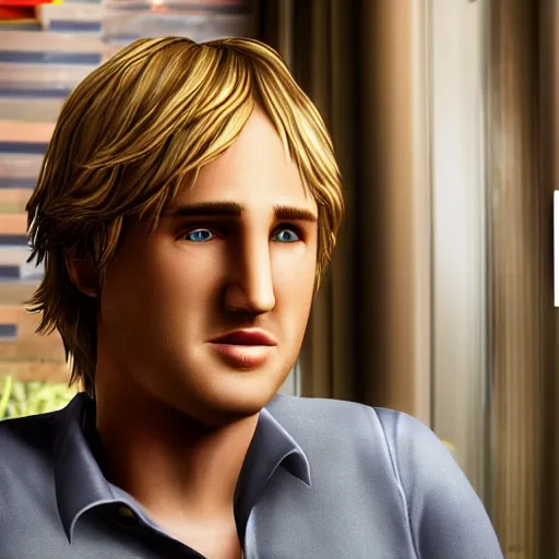 Image similar to a videogame still of Owen Wilson in The Sims 3, portrait, 40mm lens, shallow depth of field, close up, split lighting, cinematic