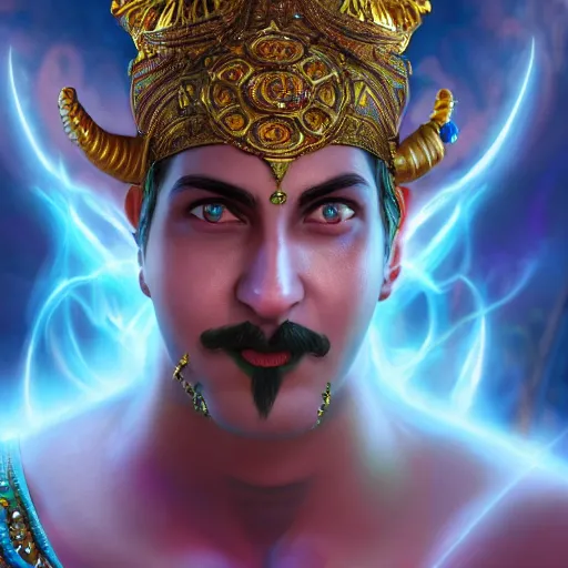 Image similar to all powerful genie, a god, god, ecstatic, infinite power, manic, perfect eyes, full body shot, magical being, magic, portrait, noble, transformation, vivid colors, elegant, concept art, sharp focus, digital art, Hyper-realistic, 4K, Unreal Engine, Highly Detailed, HD, Dramatic Lighting by Brom, trending on Artstation