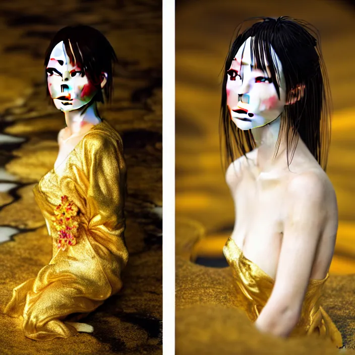 Image similar to Kodak Portra 400, 8K, soft light, volumetric lighting, highly detailed, Rena Nounen style 3/4 ,portrait photo of a Japanese ravishing Goddess by WLOP, the face emerges from a lava flowing gold travertine terraces with lotus flowers, inspired by Ophelia paint , a beautiful chic dress and hair are intricate with highly detailed realistic beautiful flowers , Realistic, Refined, Highly Detailed, ethereal lighting colors scheme, outdoor fine art photography, Hyper realistic, photo realistic