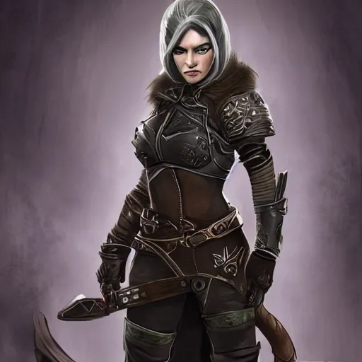 A young female rogue in intricate leather armor +