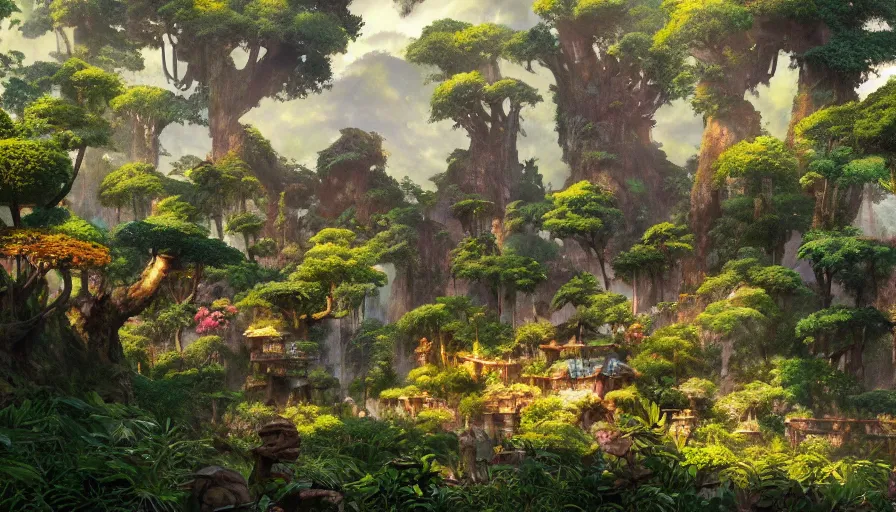 Prompt: craig mullins and studio ghibli illustration of the beastlands, avatar ( 2 0 0 9 ), lush landscape, jungle landscape, flowers, unreal engine, hyper realism, realistic shading, cinematic composition, realistic render, octane render, detailed textures, photorealistic, wide shot