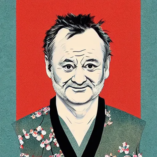 Image similar to bill murray, wearing kimono, by artgerm, cherry blossom falling, nagel