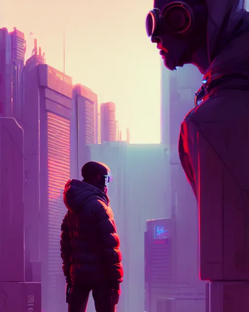 Image similar to cyberpunk synth, hyper - realistic detailed portrait of a man in a hoodie, digital painting, by artgem, by atey ghailan, by greg rutkowski, by greg tocchini, by james gilleard, by joe fenton, by kaethe butcher, sharp focus