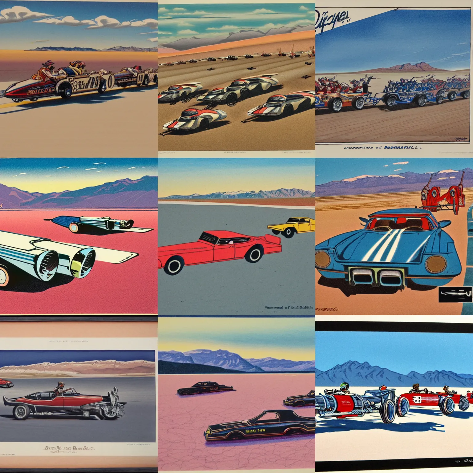 Prompt: chromolithograph of a drag race on the bonneville salt flats color lithograph