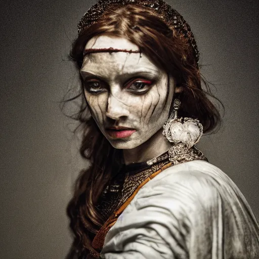 Prompt: stunning beautiful portrait photography of a face detailing medieval Countess from national geographic magazine award winning, dramatic lighting, taken with Sony alpha 9, sigma art lens, medium-shot