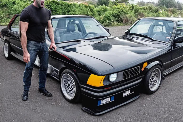 Prompt: Angry Jason Statham picks up BMW e30