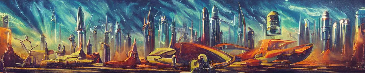 Image similar to retro sci-fi painting of an alien city