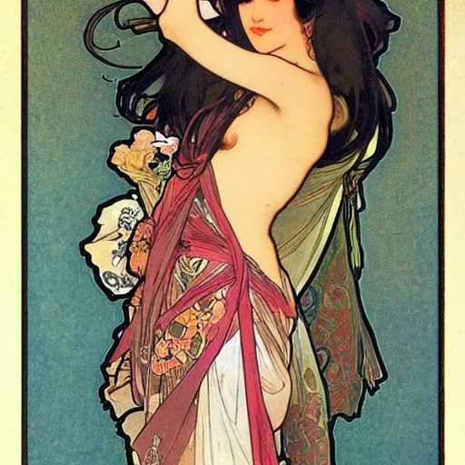 Image similar to beautiful women with oriental faces, character portrait, sharp, art by alphonse maria mucha