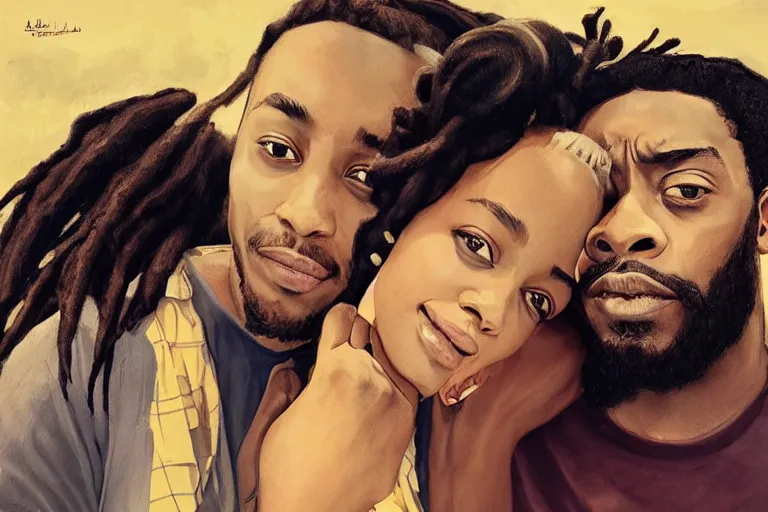 Image similar to a south african girl with medium length dreadlock hair, and a short - bearded mixed race man with short curly hair, in love selfie, lupita nyong'o, chadwick aaron boseman, artgerm, rhads, ross draws