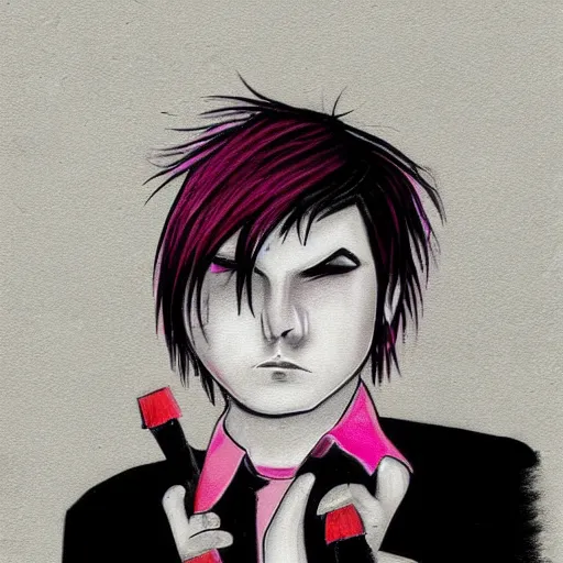 Prompt: a traditional cartoon emo/scene drawing of Gerard Way, late 2000’s, Trending on DeviantArt, dark pastel colors