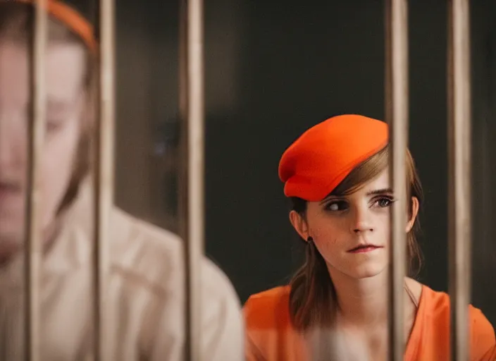 Image similar to photo of emma watson sitting in a jail cell wearing an orange jumpsuit and a red hat, defocused bars in the foreground, 8 k, 8 5 mm f 1. 8