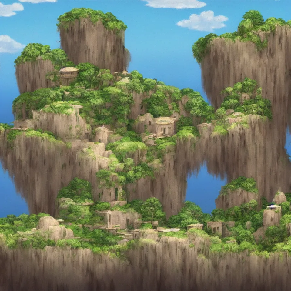 Image similar to an island floating in the air, the island is rocky and bare with some vegetation, waterfalls left from the island flowing into the sea, highly detailed, animated, lovely, dreamy, morandi colour scheme, strong light and shadow atmosphere, painted by Ghibli