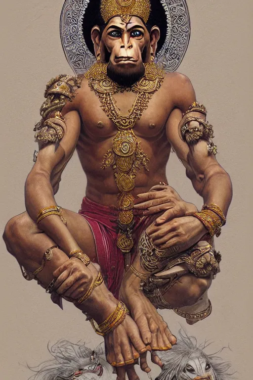 Image similar to a full body portrait of a beautiful ornated hanuman god, leaping pose, hindu stages of meditation, intricate, elegant, highly detailed, digital painting, artstation, concept art, smooth, sharp focus, line art illustration for tattoo, art by krenz cushart and artem demura and alphonse mucha