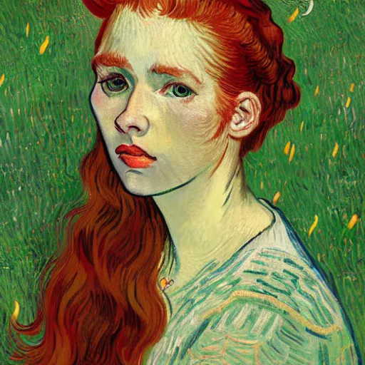 Prompt: sharp, intricate fine details, breathtaking, digital art portrait of a red haired girl with long hair and green eyes softly smiling in a dreamy, mesmerizing scenery with fireflies, art by vincent van gogh