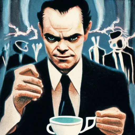 Image similar to agent smith holding a small steaming china cup of tea, romanticism style, detailed facial proportions