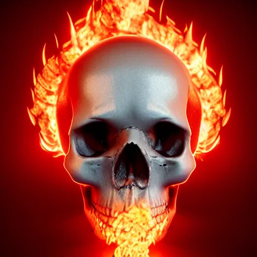 Image similar to a highly detailed human skull on fire in front of a glowing red background, 3 d, fire through eyes, octane render, symmetrical, hyper realism, highly detailed, digital art, artstation, concept art, cinematic lighting, strong bokeh, trending