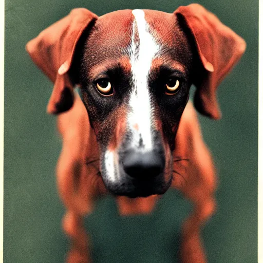 Prompt: photo of a hound dog with red eyes, vintage camera