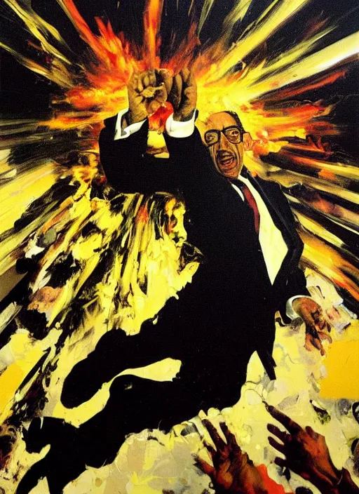 Prompt: gus fring screaming, explosion, exploding, painting by phil hale, francisco goya,'action lines '!!!, graphic style, visible brushstrokes, motion blur, blurry