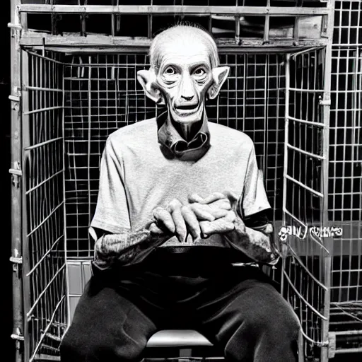 Image similar to incredibly detailed high quality studio portrait of an elderly alien being sitting in a cage in a warehouse