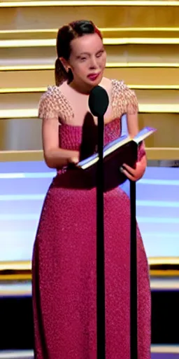 Image similar to an actress giving academy awards acceptance speech in the spotlight on the stage