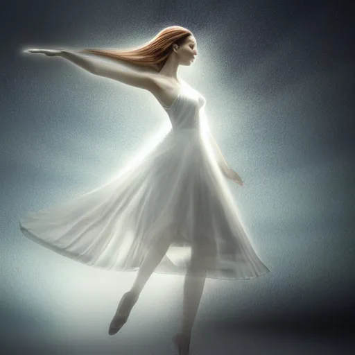 Prompt: A very detailed digital art rendering and concept design of a beautiful young ethereal woman beautifully positioned and dancing in volumetric lighting, three dimensions, a digitally transformed environment, user interface design, 3D modeling, illustration, and transportation design