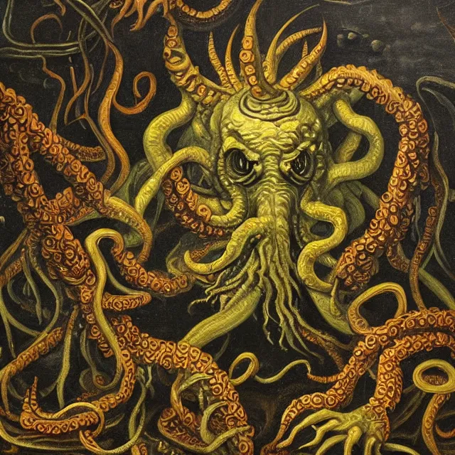 Image similar to a cthulhu monster, flemish baroque painting by jan van kessel the younger, black background, intricate high detail masterpiece